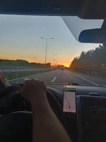 Concept Voyage Voiture Coucher Soleil Dessus Navigation Sur Autoroute Sur — Photo