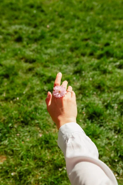 Kadının Elinde Pembe Sakura Çiçekleri Yakın Ekini — Stok fotoğraf