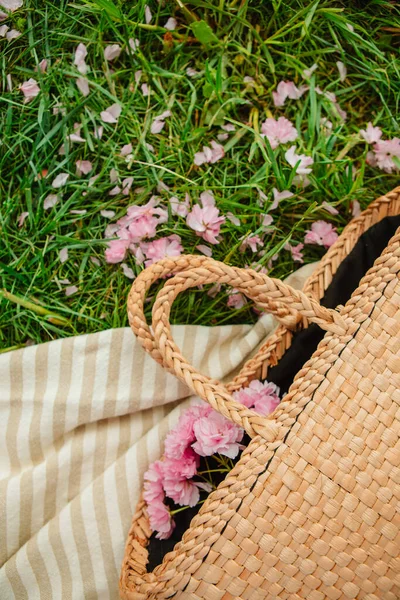 Picknickdeken Met Strohoed Tas Groen Gras Bedekt Met Roze Sakura — Stockfoto