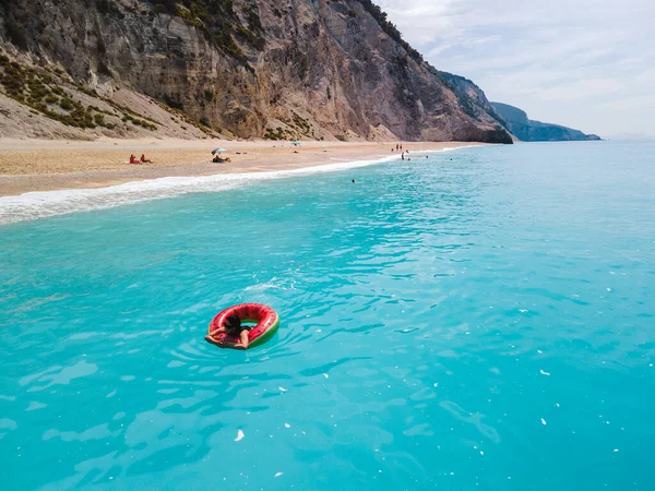 Aerial View Greece Beach Woman Floating Inflatable Ring Copy Space — Stock Photo, Image