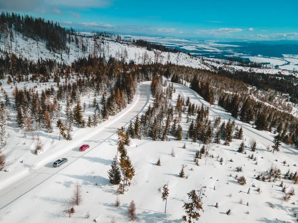 Aerial View Snowed Road Tatra Mountains Car Travel Concept — Stock Photo, Image