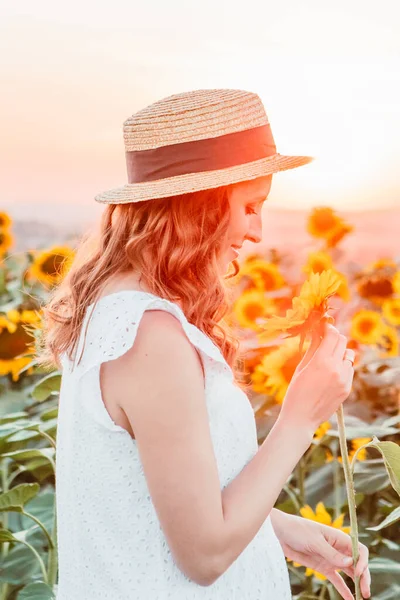 Young Pretty Woman White Sundress Blooming Sunflowers Field — Stock Photo, Image