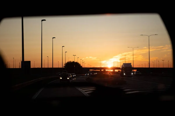 Zachód Słońca Nad Koncepcją Podróży Samochodem Drogowym — Zdjęcie stockowe