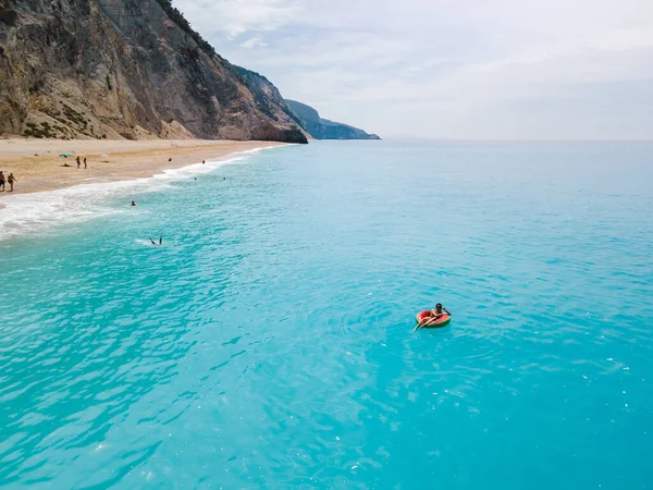 Aerial View Greece Beach Woman Floating Inflatable Ring Copy Space — Stock Photo, Image