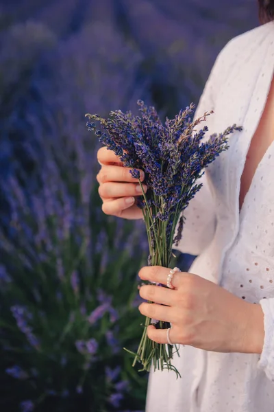 Woman White Dress Holding Bouquet Lavender Flowers Close — Stock Photo, Image