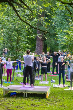 Lviv, Ukrayna - 2 Temmuz 2021: Şehir parkındaki birçok insan yoga yapıyor.
