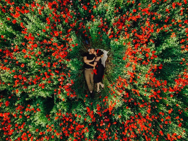 Lovely Couple Laying Middle Poppies Flowers Field Overhead View Dating — Stock Photo, Image