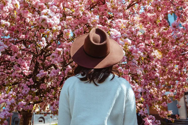 Vrouw Van Achteren Kijkend Naar Bloeiende Sakura Boom Lente Komt — Stockfoto