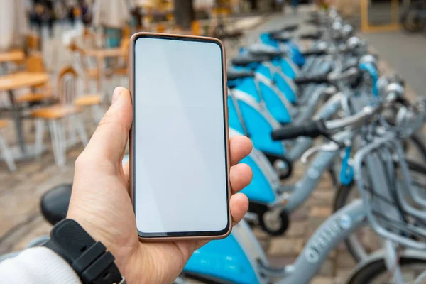 Transport Miejski Wypożyczalnia Rowerów Koncepcja Mobilna Aplikacja Telefon Biały Ekran — Zdjęcie stockowe