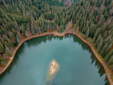 Ukrayna 'daki sonbahar Karpatlar Gölü' nün havadan görünüşü uzayı taklit ediyor.