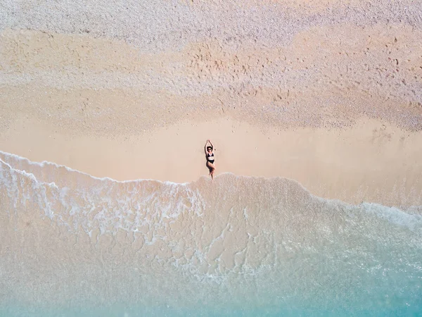 Overhead View Woman Black Swimsuit Sunbathing Sea Shore Sandy Beach — Stock Photo, Image