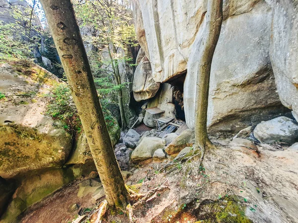 Dovbush Rocce Ucraina Primavera Foresta Copia Spazio — Foto Stock