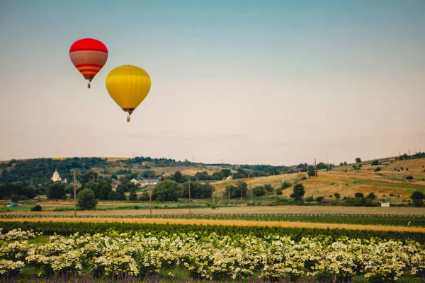 Blick Auf Luftballon Mit Korb Fliegt Bei Sonnenuntergang Kopierraum — Stockfoto