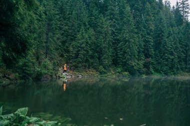 Lake Beach dağları ormanında sarı yağmurluklu bir kadın yürüyüşçü.