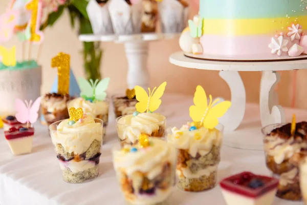 Süße Theke Mit Kuchen Und Bonbons Jahr Alten Kopierraum — Stockfoto