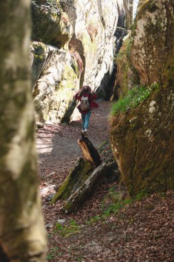 Sırt çantalı bir kadın yürüyüşçü Kanyonda yürüyor