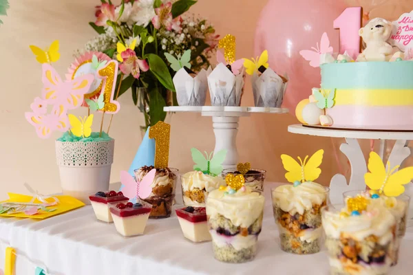 Süße Theke Mit Kuchen Und Bonbons Jahr Alten Kopierraum — Stockfoto