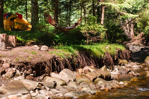 Woman Laying Hammock Forest Tent Background Copy Space Summertime — Stock Photo, Image