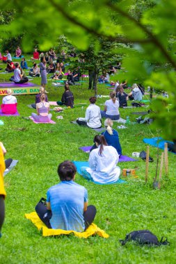 Lviv, Ukrayna - 2 Temmuz 2021: Şehir parkındaki birçok insan yoga yapıyor.
