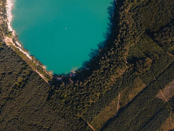 森の近くに青い水のある湖の空の景色 — ストック写真