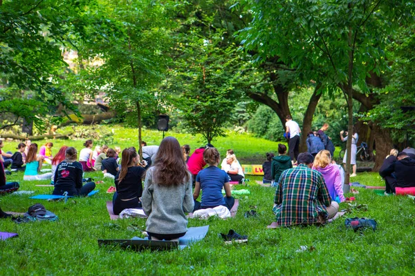 Lviv Ukrayna Temmuz 2021 Şehir Parkındaki Birçok Insan Yoga Yapıyor — Stok fotoğraf