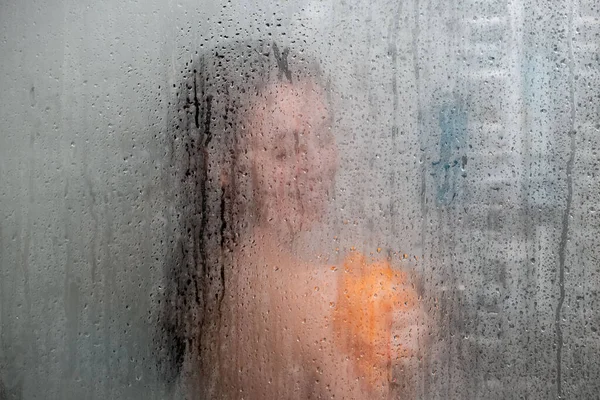 Woman Shower View Glass Covered Drops Copy Space — Fotografia de Stock