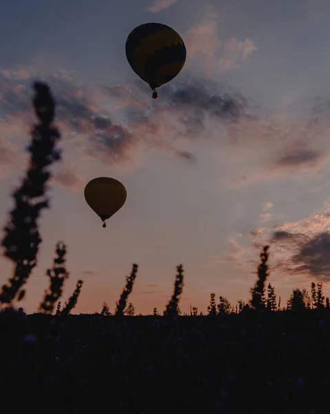 Ballon Air Avec Panier Dessus Espace Copie Champ Lavande — Photo