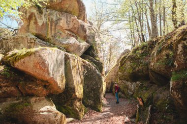 Sırt çantalı bir adam Ukrayna 'daki kanyon güvercini kayalarında yürüyor.