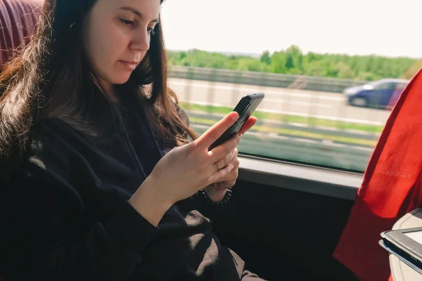 Woman Traveler Bus Road Trip Using Phone — Stock Photo, Image