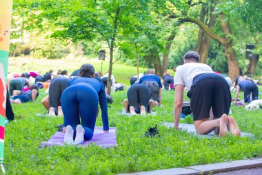 Lviv, Ukrayna - 2 Temmuz 2021: Şehir parkındaki birçok insan yoga yapıyor.