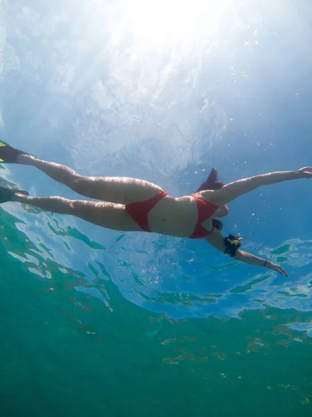 Frau Taucht Unter Wasser Tauchermaske Und Schwimmflossen Unter Wasser — Stockfoto