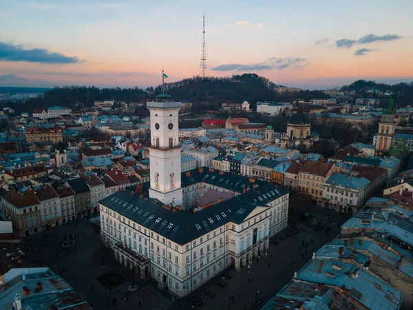 aerial view of lviv city center on sunset travel concept copy space