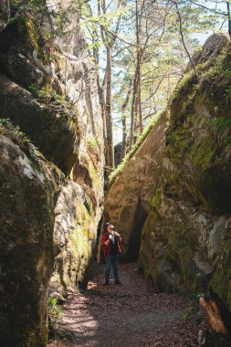 Sırt çantalı bir adam Ukrayna 'daki kanyon güvercini kayalarında yürüyor.