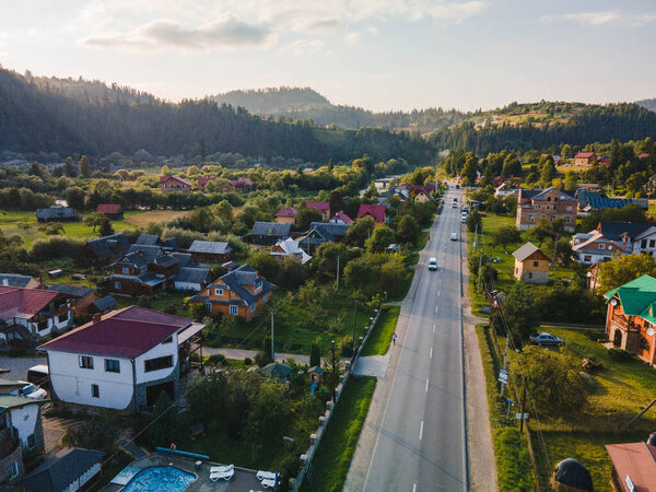Overhead view of ukrainian village in carpathian mountains summertime