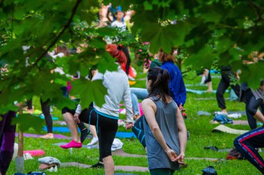 Lviv, Ukrayna - 2 Temmuz 2021: Şehir parkındaki birçok insan yoga yapıyor.