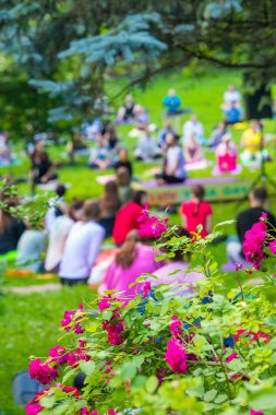 Lviv, Ukrayna - 2 Temmuz 2021: Şehir parkındaki birçok insan yoga yapıyor.