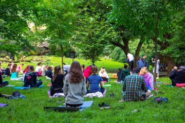 Lviv, Ukrayna - 2 Temmuz 2021: Şehir parkındaki birçok insan yoga yapıyor.