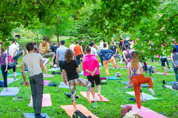 Lviv, Ukrayna - 2 Temmuz 2021: Şehir parkındaki birçok insan yoga yapıyor.