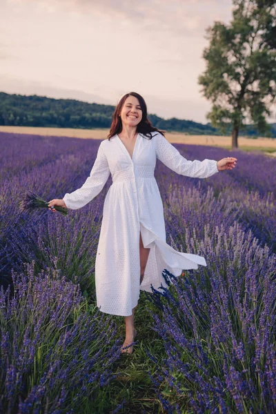 Gorgeous Woman White Dress Lavender Field Sunset Time — Stock Photo, Image