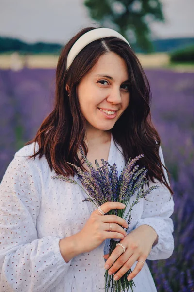 Gorgeous Woman White Dress Lavender Field Sunset Time — Stock Photo, Image