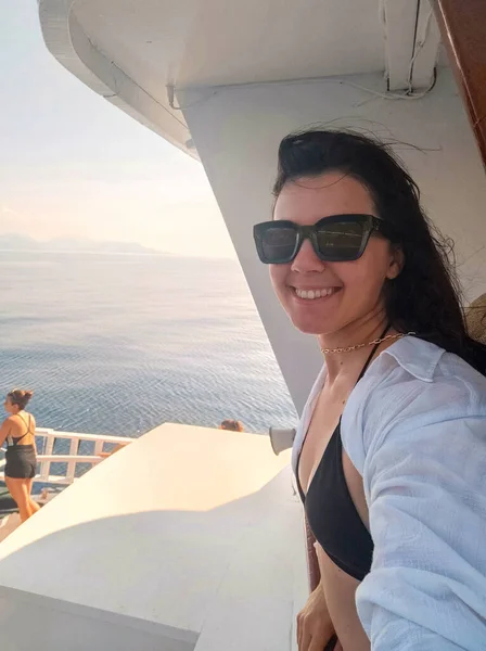 Smiling Woman Selfie Cruise Boat Greece Vacation — Photo