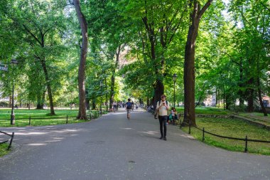 Krakow, Polonya - 19 Mayıs 2022: Şehir parkı yaz saati manzarası