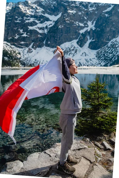 Boy Poland Flag Standing Shore Lake Morskie Oko Tatras Mountains — 스톡 사진