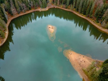 Ukrayna 'daki sonbahar Karpatlar Gölü' nün havadan görünüşü uzayı taklit ediyor.