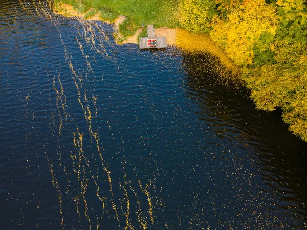 Пара Лежить Пірсі Озері Покритому Осіннім Листям Копіює Простір — стокове фото