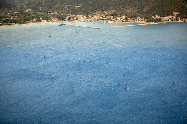 overhead view of Vasiliki town sea beach windsurfing Lefkada island Greece