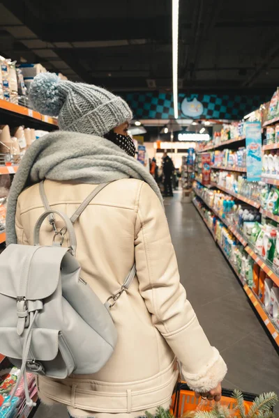 Woman Winter Outfit Groceries Shopping Copy Space Covid Mask — Zdjęcie stockowe