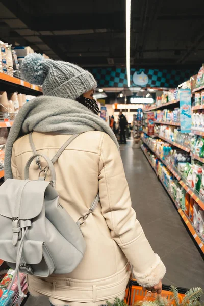 Woman Winter Outfit Groceries Shopping Copy Space Covid Mask — Stockfoto