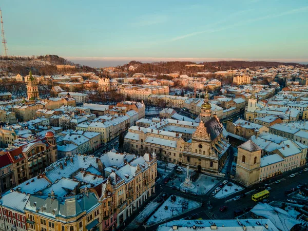 Sunset Lviv City Winter Season Copy Space — Foto Stock