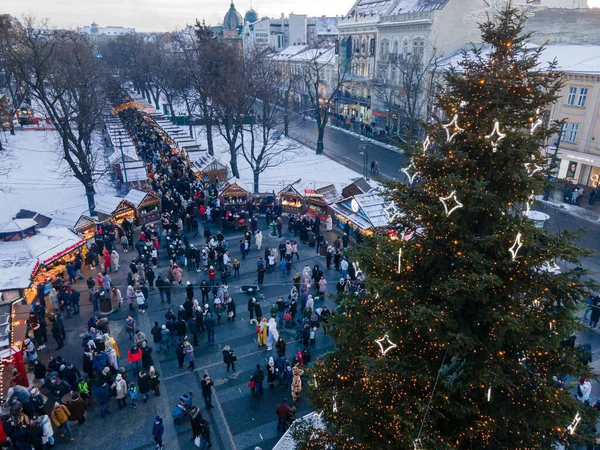 Overhead View City Center Christmas Holidays Overcrowded Square Street Food — Zdjęcie stockowe